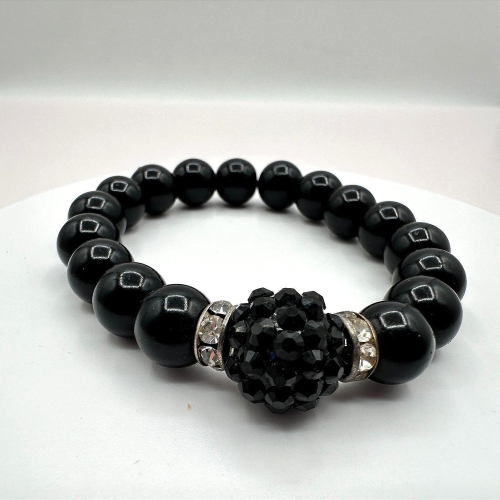 Vintage 90s‎ Silver Tone Black Glass Beaded Disco Ball Bracelet Women's Jewelry